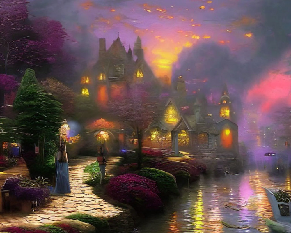 Vibrant fantasy scene: person by waterway, lit pathways, lush trees