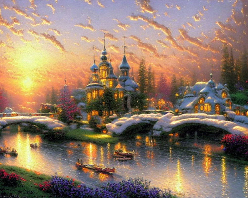 Snow-covered bridge and church with golden domes in vibrant flower-filled landscape at sunset