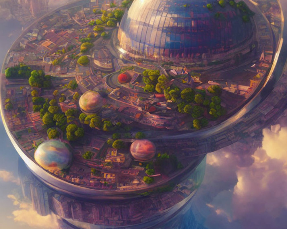 Futuristic city with spherical structures and greenery in golden sky