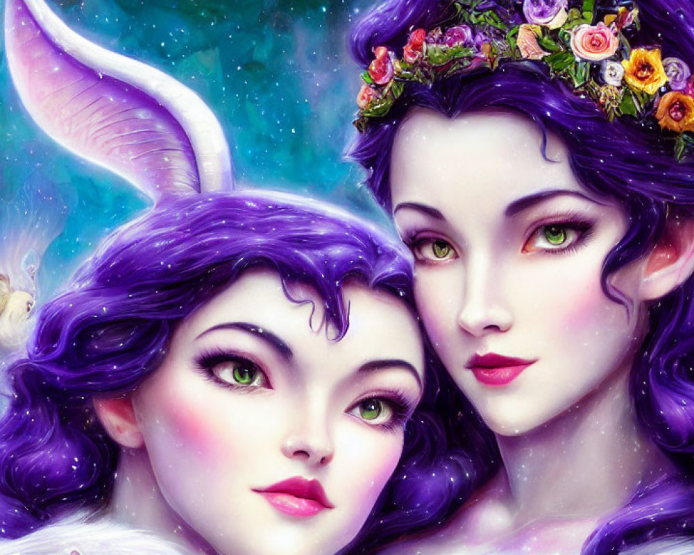 Fantasy Artwork: Two Female Characters with Purple Hair and Rabbit Ears in Floral Crowns