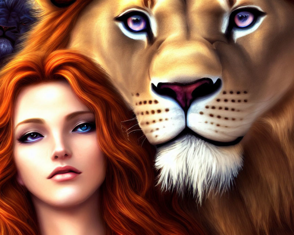 Artwork: Woman with Red Hair and Majestic Lion with Blue Eyes