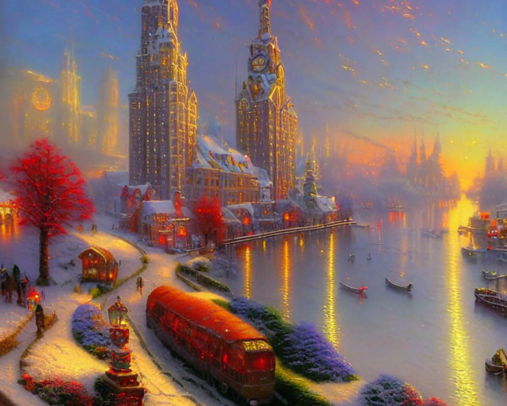 Snowy cityscape at dusk: illuminated buildings, red tram, boats on river