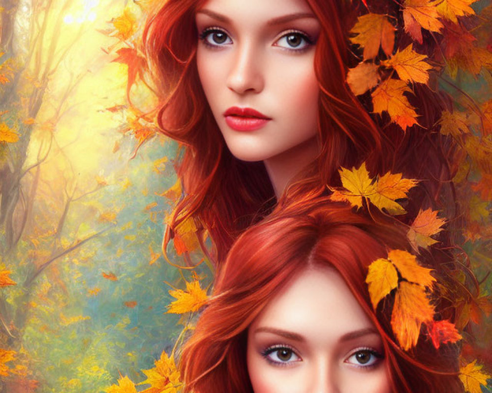 Digital Artwork: Two Red-Haired Women with Autumn Leaves in Forest