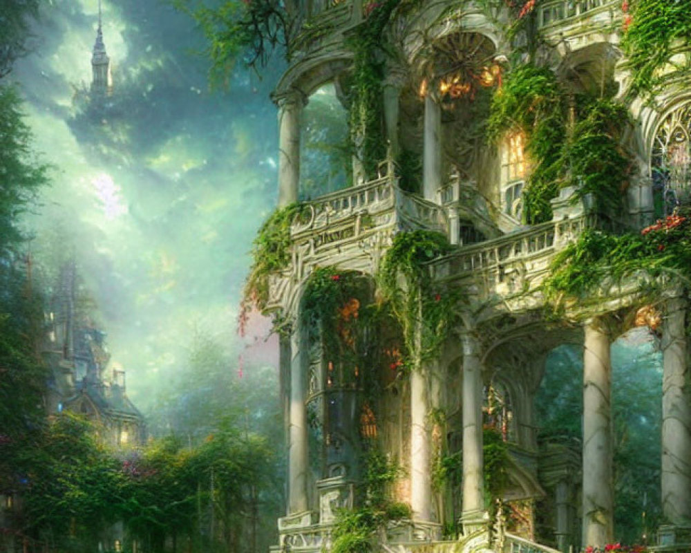 Overgrown palace with ivy, flowers, arches, and balconies in mystical setting