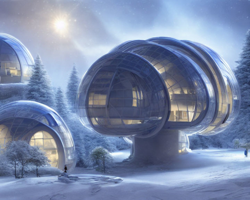 Futuristic domed structures in snowy landscape with stars and people.