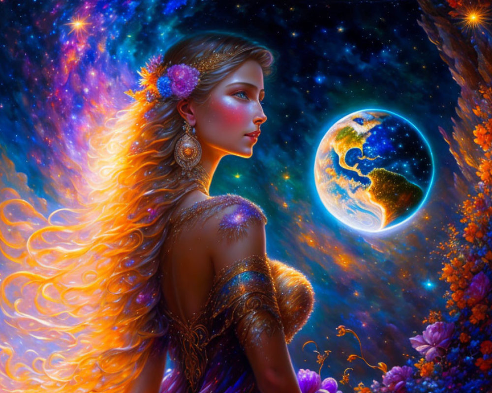 Illustration of woman with golden hair and flowers, gazing at Earth in cosmic scene