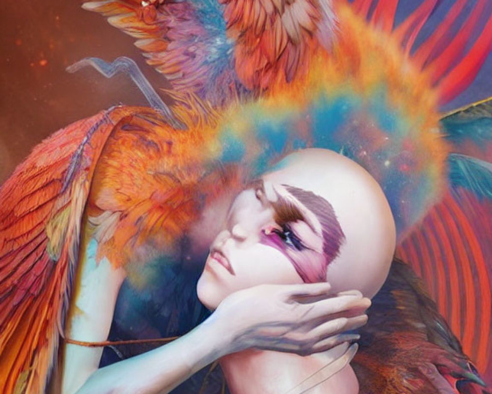 Surreal image of woman with vibrant feathers cradling majestic phoenix