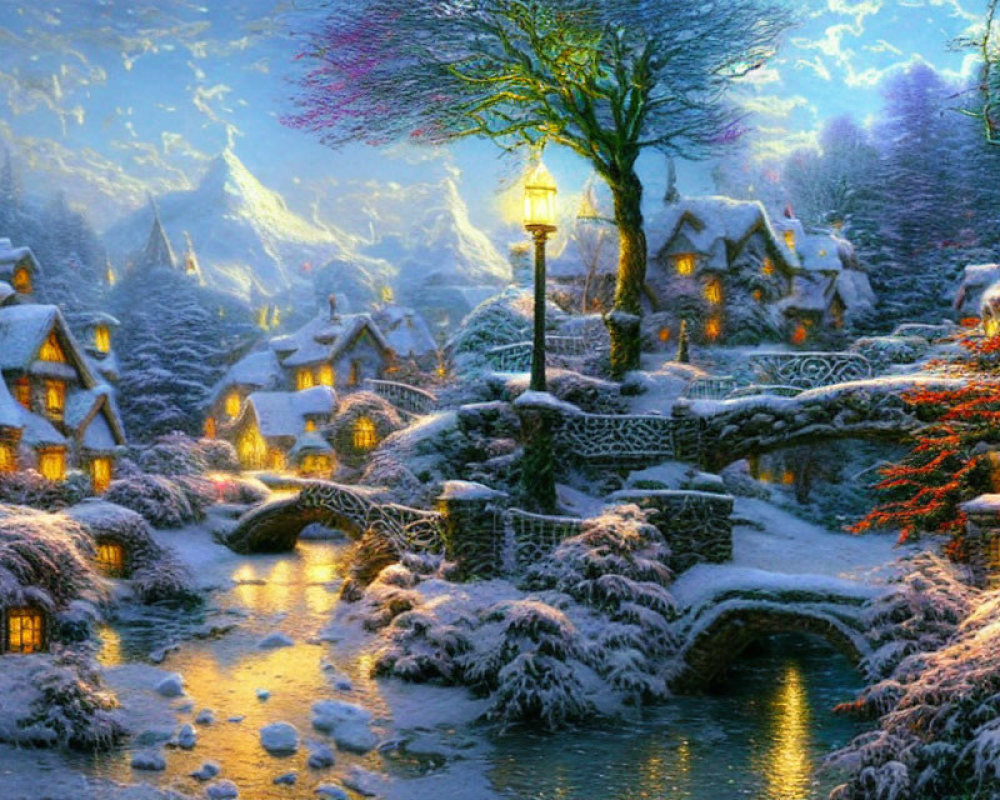 Snow-covered cottages, lit lamp post, stone bridge, mountains in a winter village scene