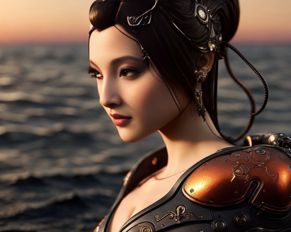 Digital artwork: Female figure with intricate hairstyle and futuristic armor in sunset seascape