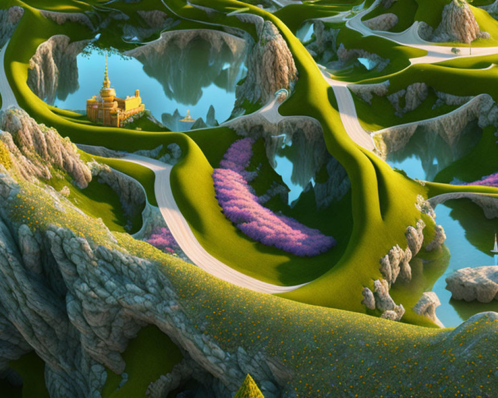 Fantastical landscape with purple flora, golden castle, and winding paths