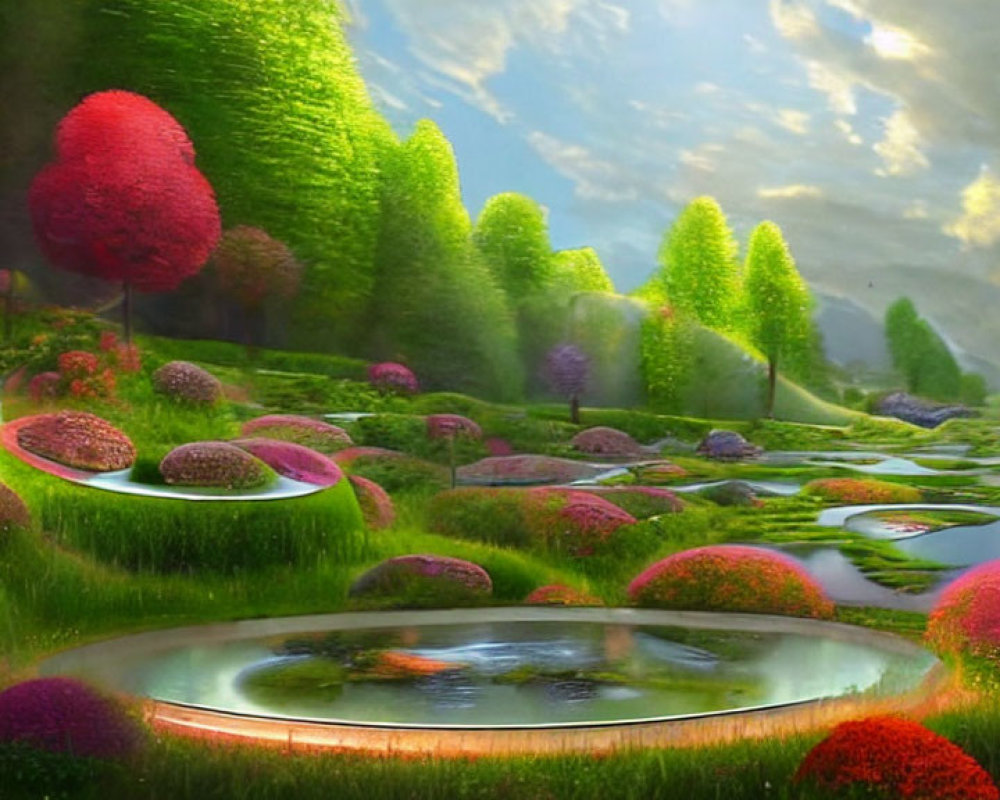 Colorful Fantasy Landscape with Glowing Ponds & Lush Greenery