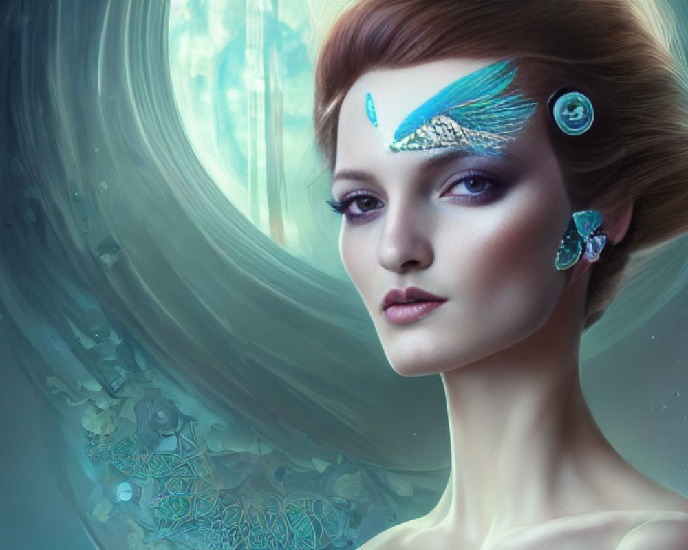 Woman with ornate winged headpiece in futuristic digital artwork