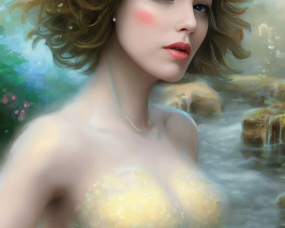 Portrait of woman with short wavy hair and white flower in dreamy background.