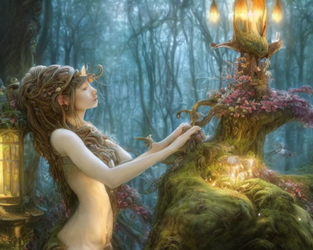 Mystical forest scene with ethereal woman holding lantern