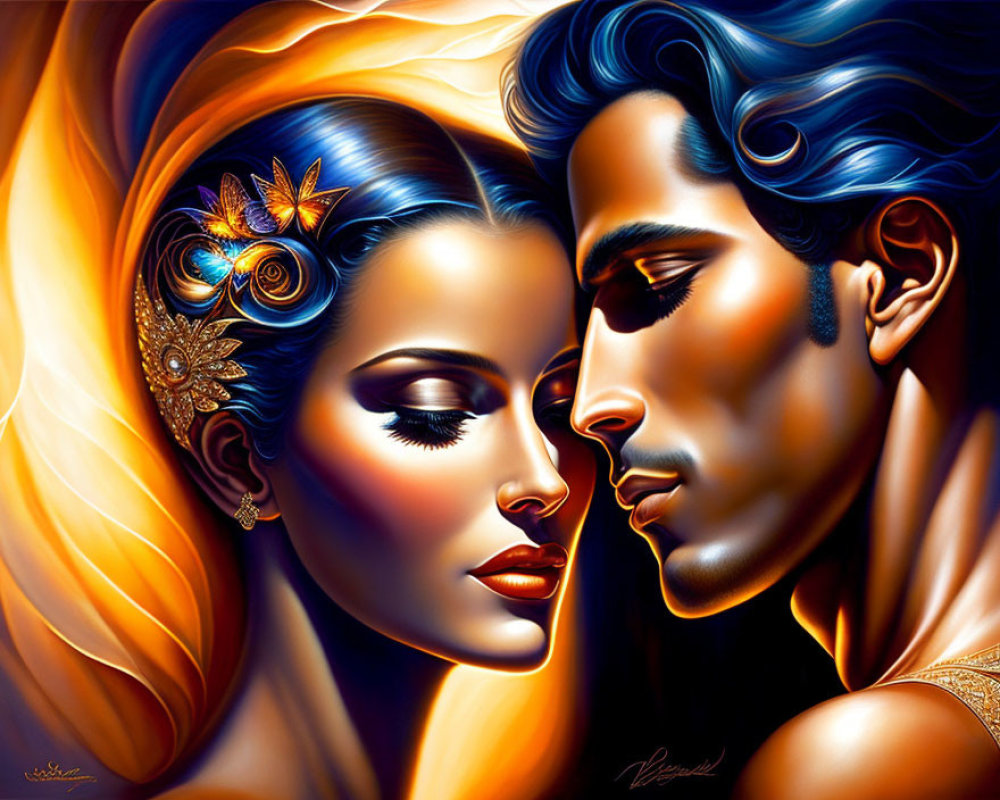 Stylized man and woman in profile with blue and gold hues in intimate pose