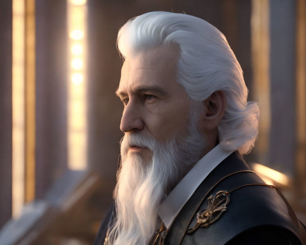 Elderly man in white beard and military uniform gazes into distance