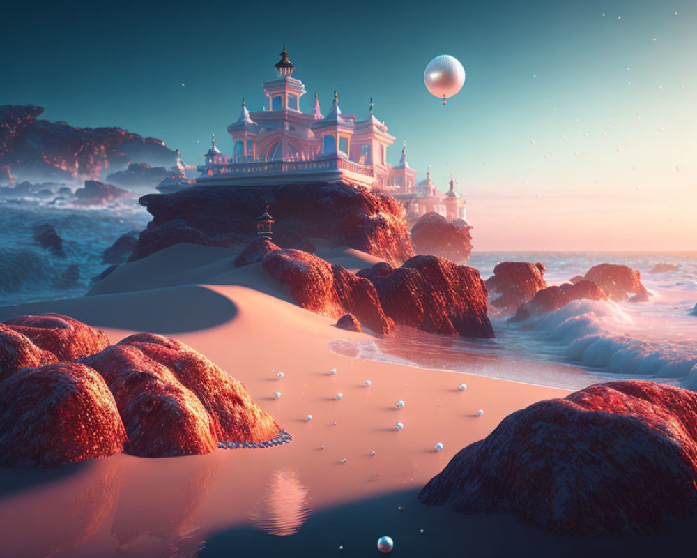 Fantasy coastal landscape with palace, glowing orbs, large moon, red rock beach at sunset