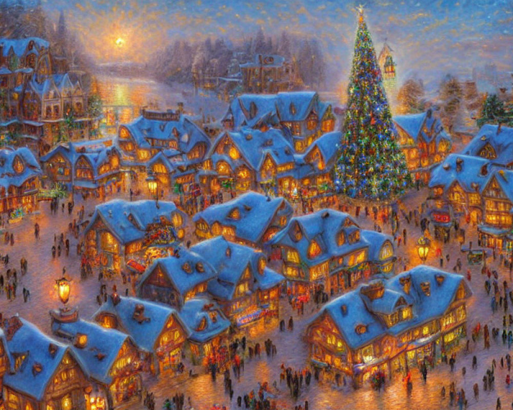 Snowy Winter Village with Christmas Tree and Festive Atmosphere