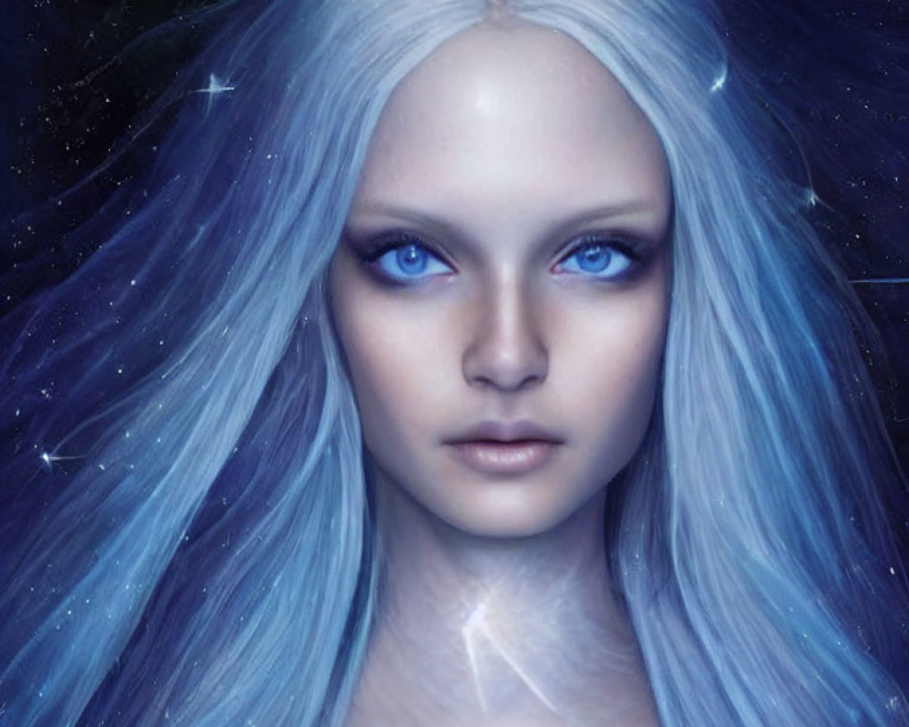 Digital illustration: Female figure with pale blue hair merging into starry night sky