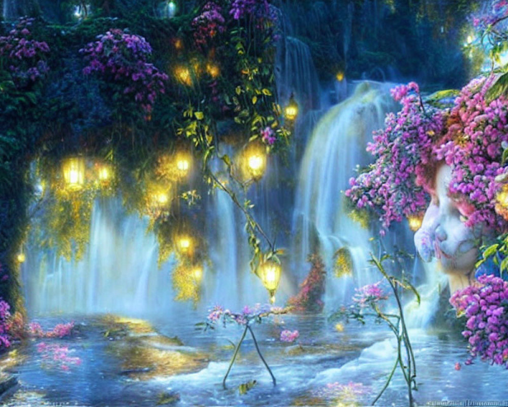 Enchanting Waterfall Scene with Glowing Lights and Purple Flowers