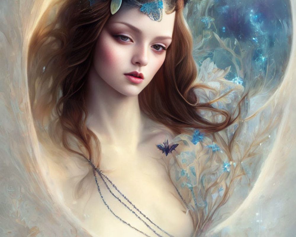 Fantastical portrait of woman with flowing hair and leaf crown against cosmic backdrop