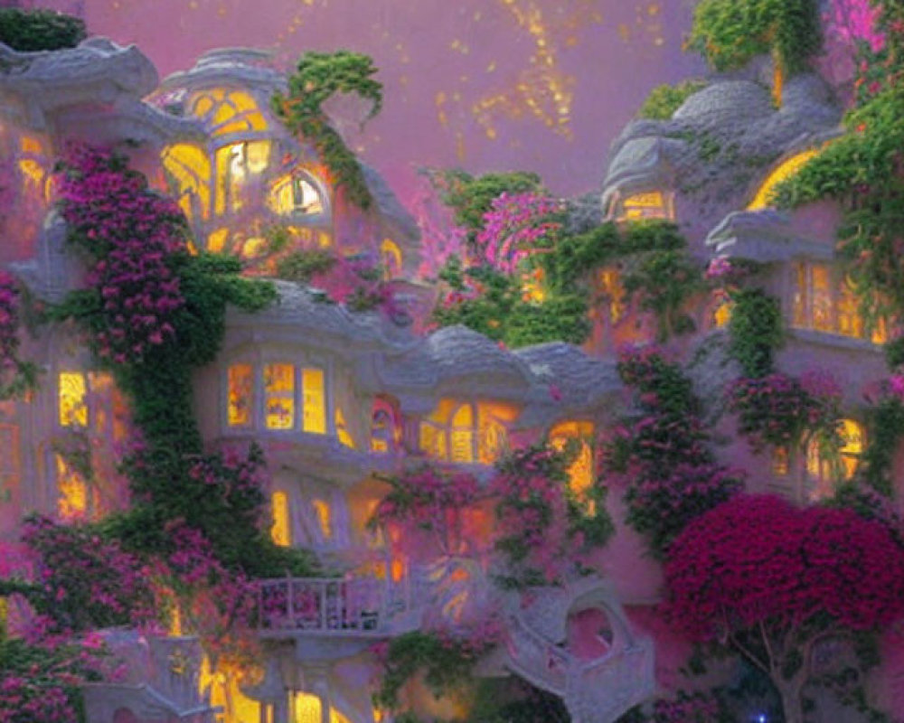 Glowing, overgrown pink flora in fantastical night scene