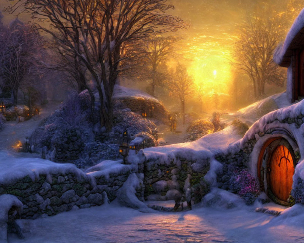 Winter sunset glow over snow-covered hobbit-like houses and trees.