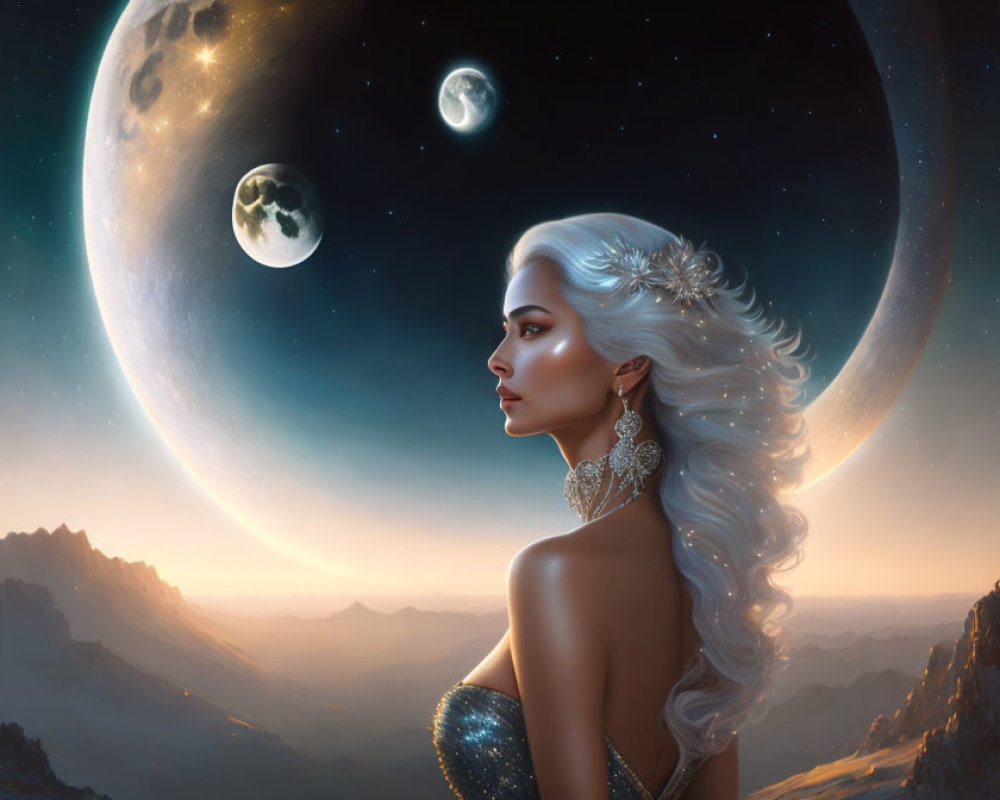 Silver-haired woman gazes at surreal sky with oversized moons over rugged mountain landscape