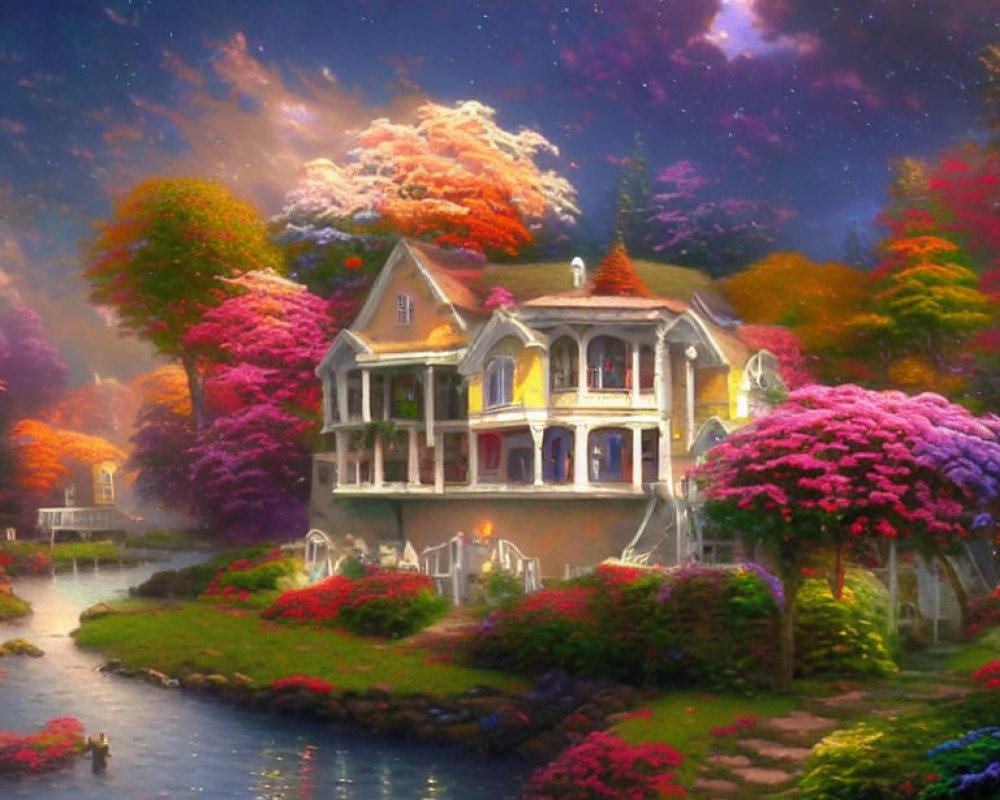 Victorian house with colorful trees under cotton-candy sky by serene river
