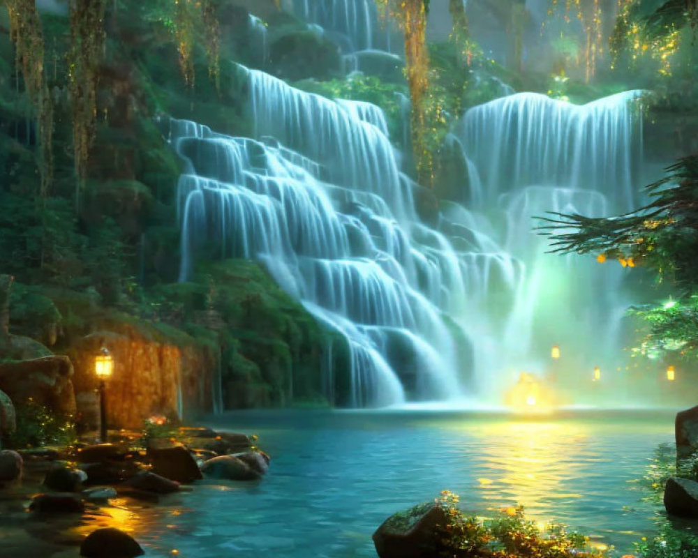 Lush forest waterfall with glowing lights and serene pond