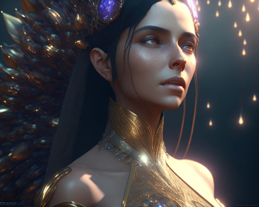 Digital Artwork: Woman in Golden Armor with Radiant Headdress