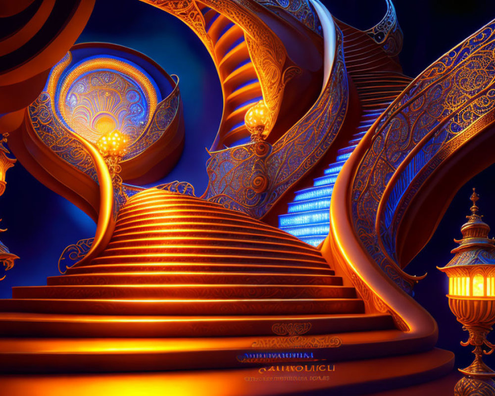 Intricate Golden Staircase on Blue-lit Background