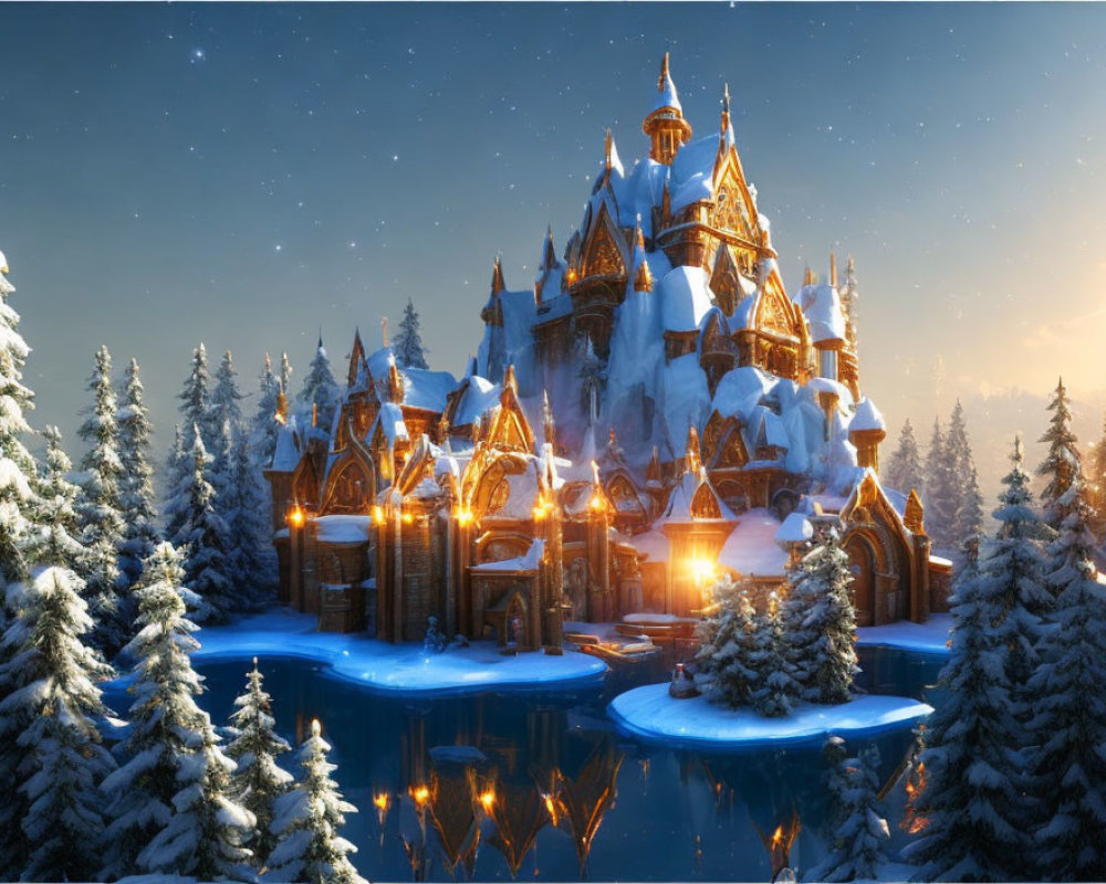 Snow-covered fantasy castle in wintry forest landscape with illuminated windows, pine trees, frozen lake, twilight