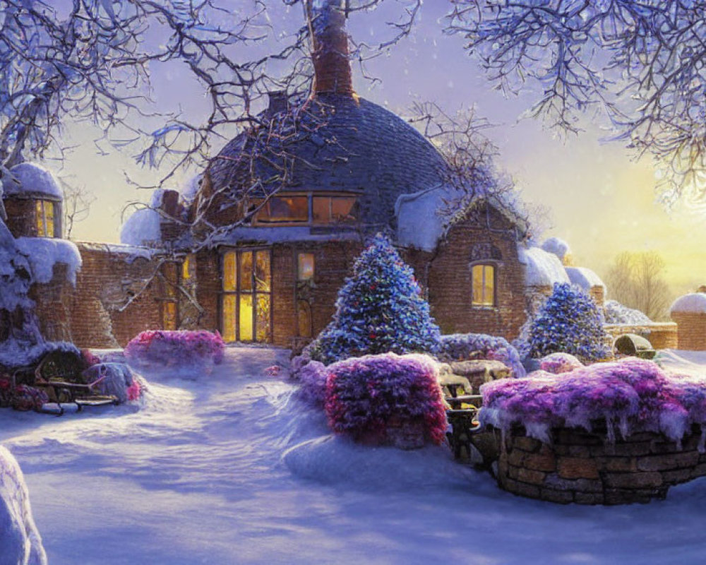 Snow-covered brick cottage with Christmas lights in twilight snowscape