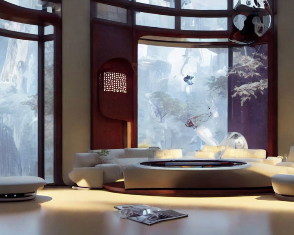 Futuristic living room with round table, white sofas, snowy landscape view