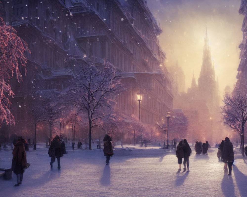 Snow-covered city street at dusk with pedestrians and glowing streetlights