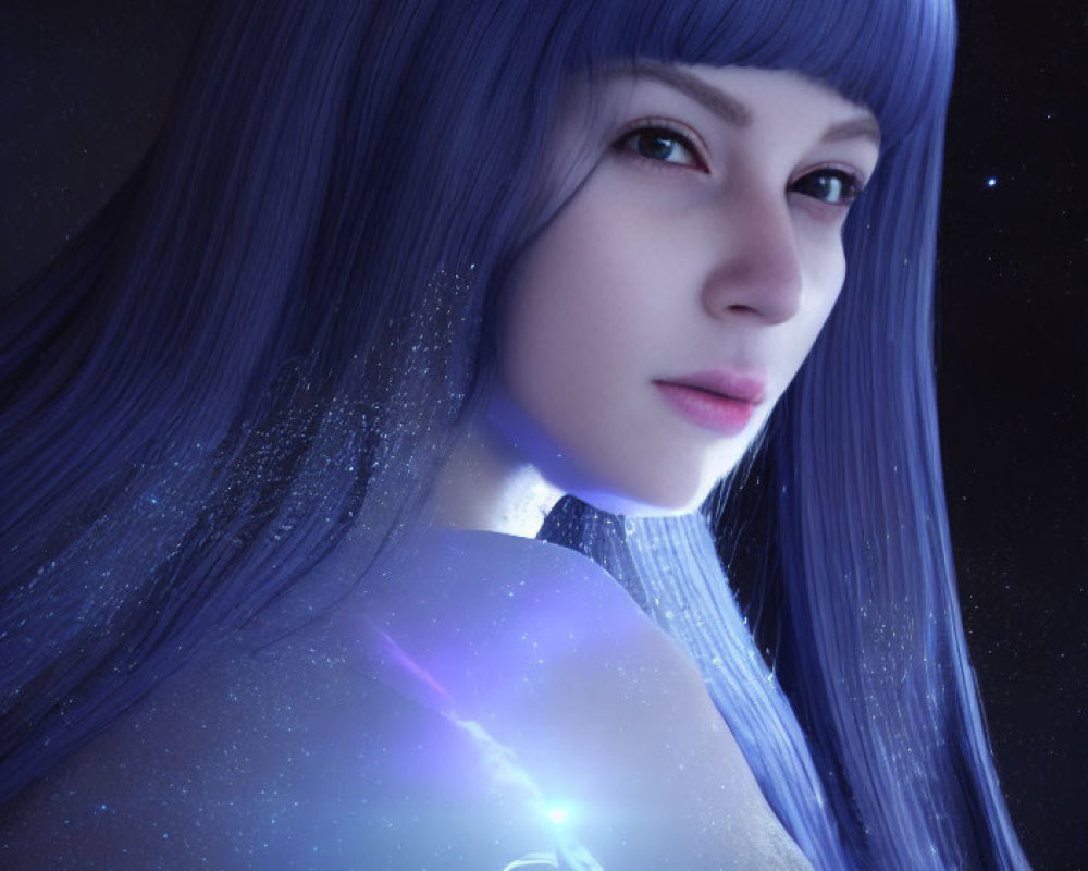 Blue-haired female in cosmic dress with stars and nebulae.