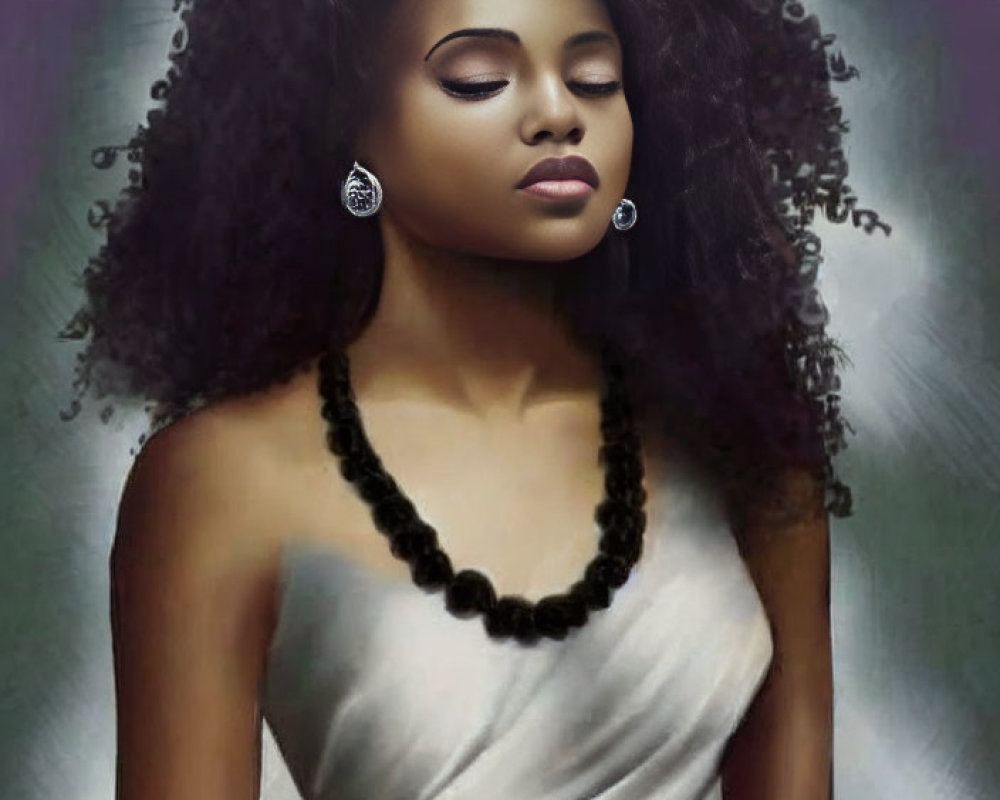 Voluminous Curly Hair Woman in White Dress with Black Necklace