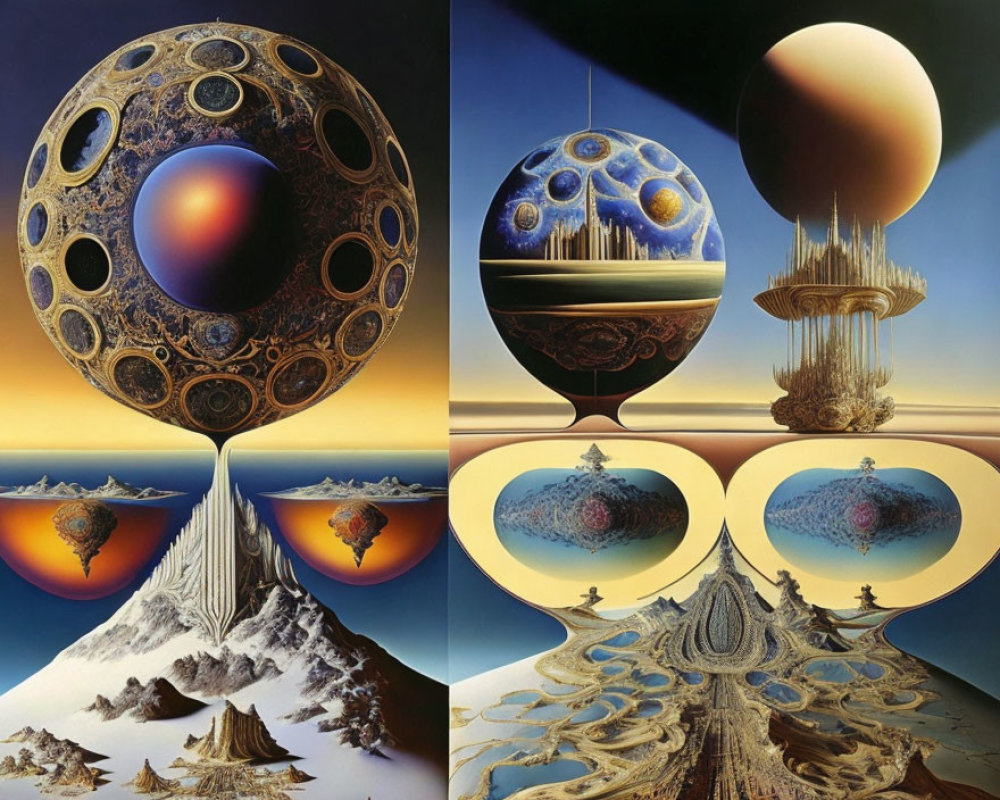 Surreal Artwork: Interconnected Scenes with Ornate Spheres, Alien Landscapes,