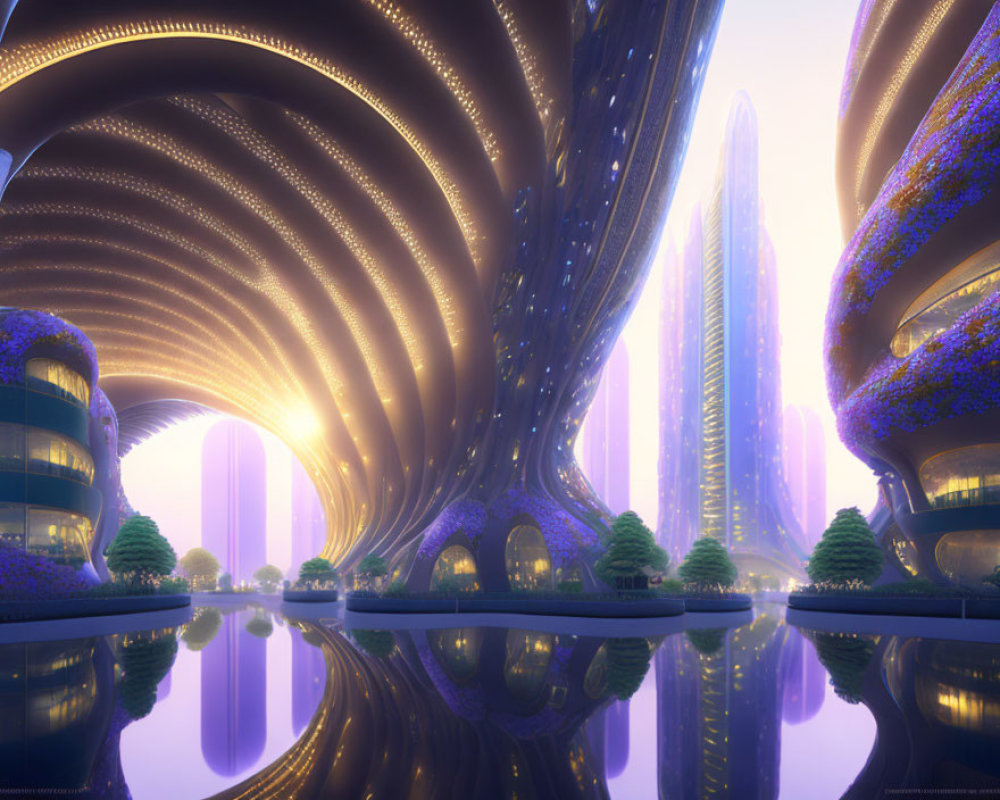 Futuristic cityscape at dusk with glowing purple trees and towering, curved buildings.