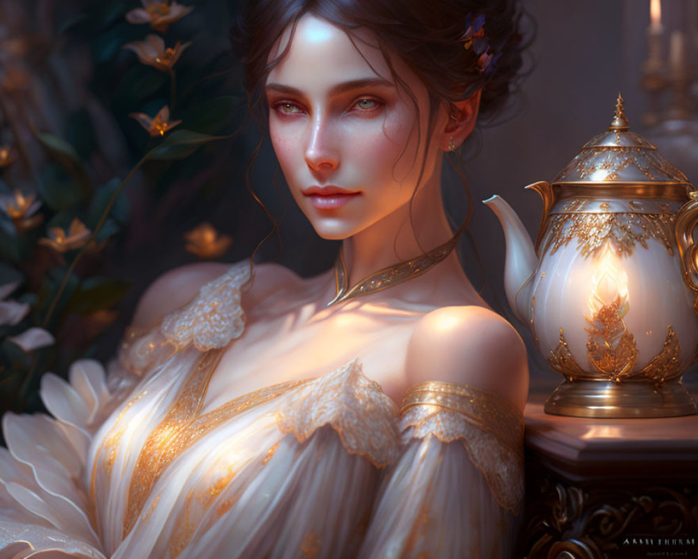 Detailed digital artwork of a woman in golden jewelry against a floral backdrop