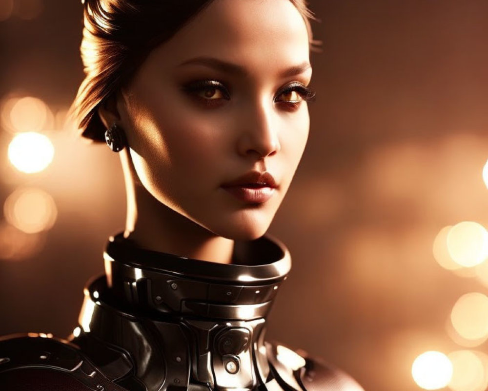 Futuristic woman in robot-like suit with styled hair and collar on warm bokeh background