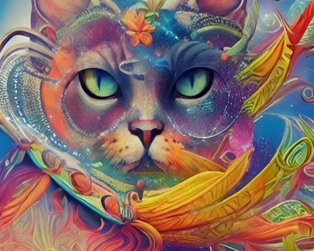 Colorful Cosmic Cat with Green Eyes and Feathers in Digital Art