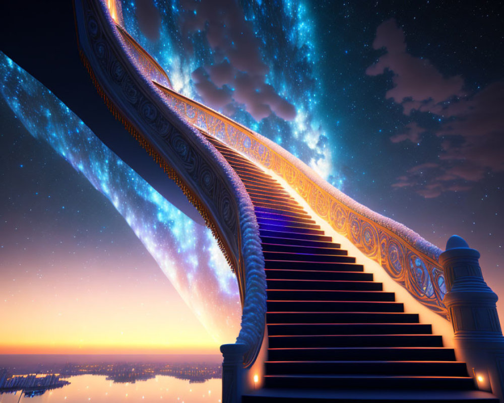 Fantastical staircase blending into cosmic sky and sunset horizon