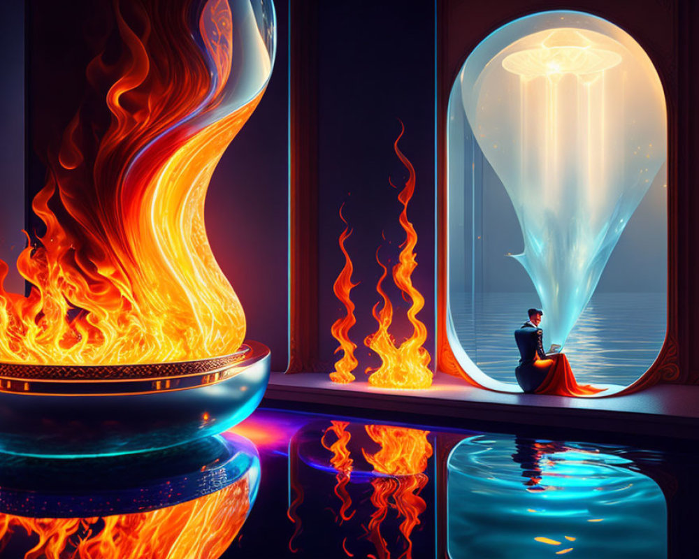 Futuristic room with stylized flames and glowing jellyfish hourglass