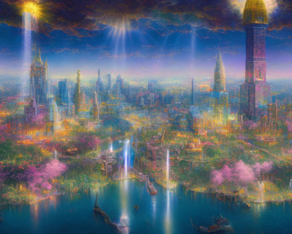 Futuristic cityscape with luminous buildings and cherry blossoms