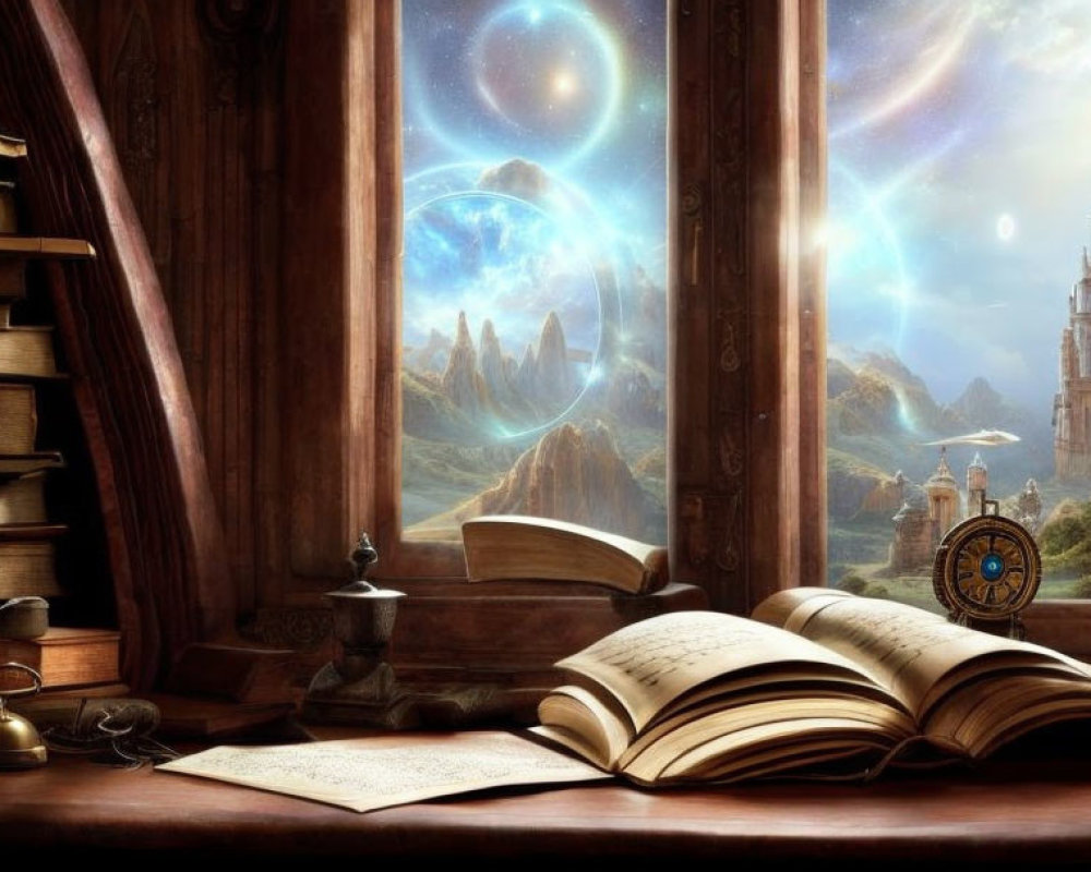 Fantastical Study Room with Open Book and Magical Landscape View