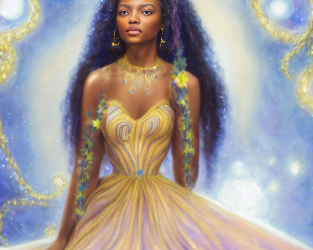 Digital artwork featuring woman in golden gown against starry background