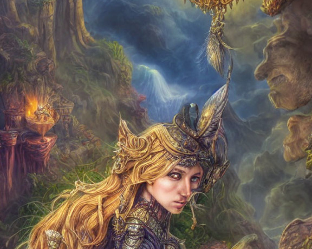 Elfin warrior woman in golden armor with glowing bird in mystical forest