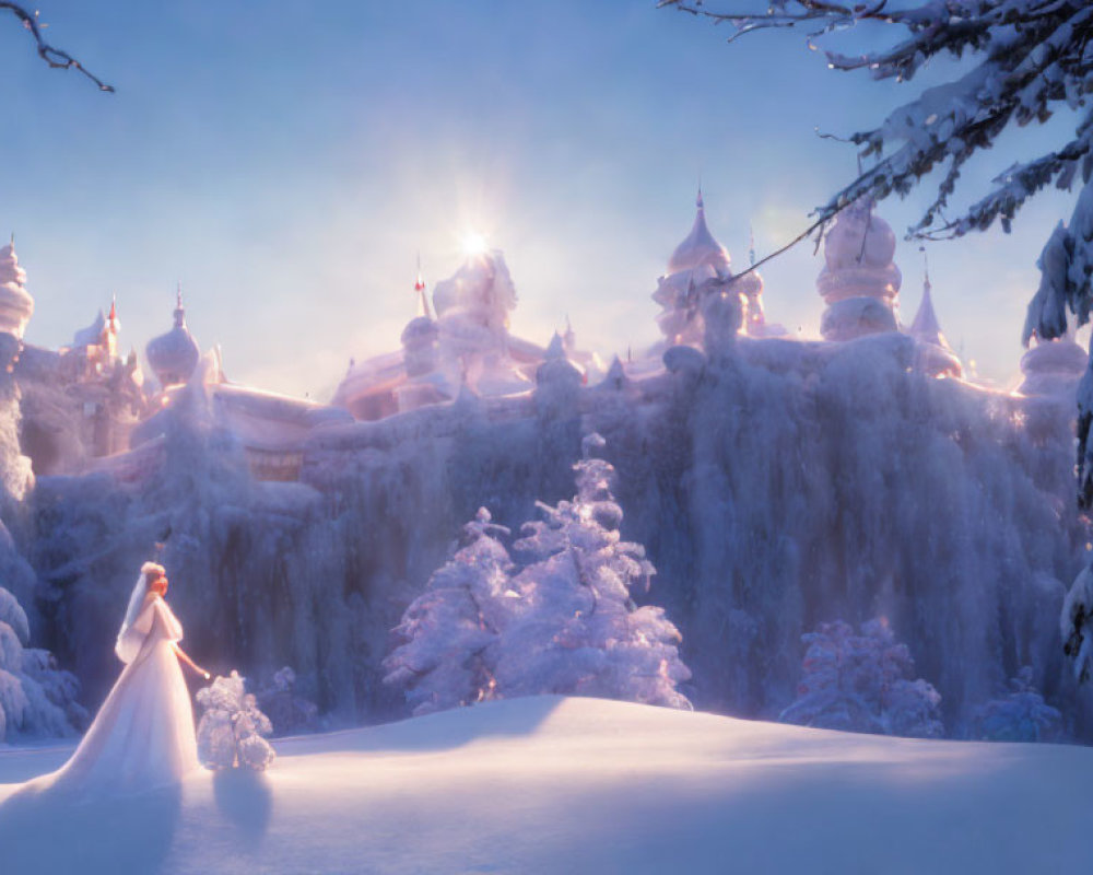 Snow-covered winter scene with lone figure and palace.